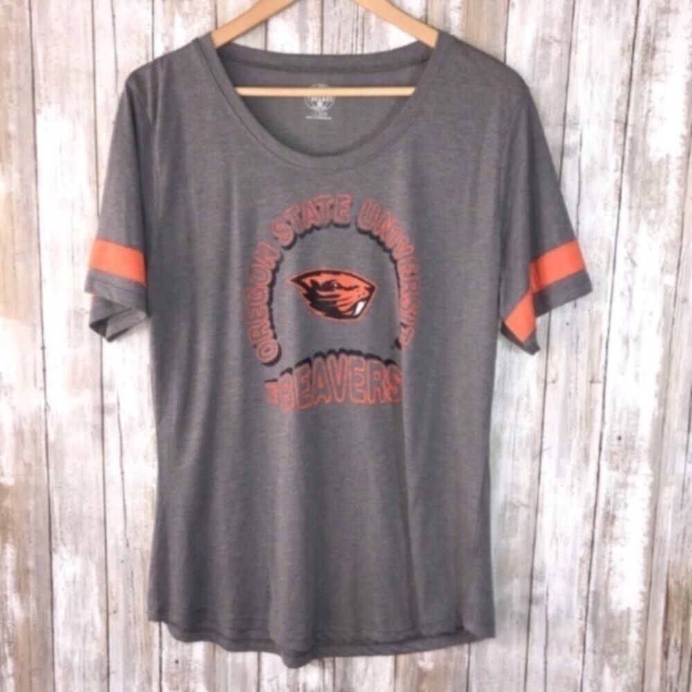 Oregon State Beavers Women’s Large Gray Tee Scoop Neck Striped Sleeve Game Day
